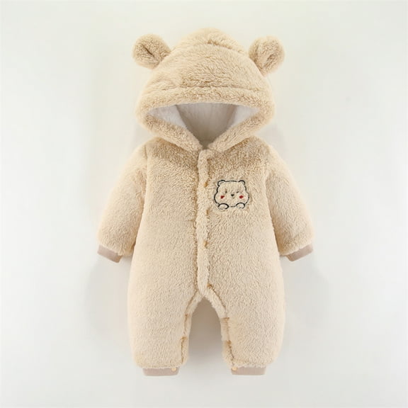 Newborn Baby Bear Onesie Outfit Suit Girls Boys Fleece Jumpsuit Romper Hooded Winter Snowsuit Clothes Beige 3-6 Months