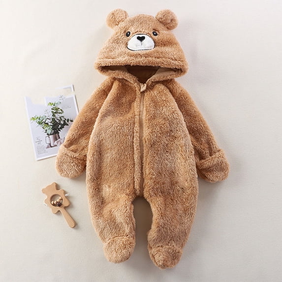 Newborn Baby Bear Onesie Outfit Suit Girls Boys Fleece Jumpsuit Romper Hooded Winter Snowsuit Clothes Khaki 9 Months
