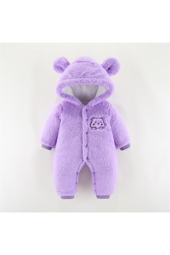 Newborn Baby Bear Onesie Outfit Suit Girls Boys Fleece Jumpsuit Romper Hooded Winter Snowsuit Clothes Purple 6-9 Months