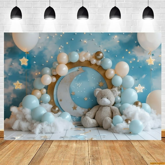 Newborn Baby Birthday Party Backdrop Toy Bears Balloons Moon Star Sky Baby Shower Cake Smash Photography Background Photo Studio