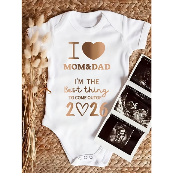 Newborn Baby Bodysuit with "I Love Mom & Dad" & 2026 Lettering - Soft First Outfit, Newborn Photoshoot Clothes Suitable for Baby Showers & All-Season Wear, Perfect for Outdoor