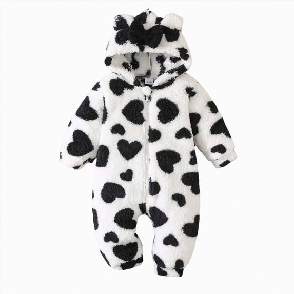 Newborn Baby Bodysuit for 0-3 Months Baby Cute Cartoon Printed Hooded Jumpsuit Cozy and Warm Long Sleeved Bodysuit Black