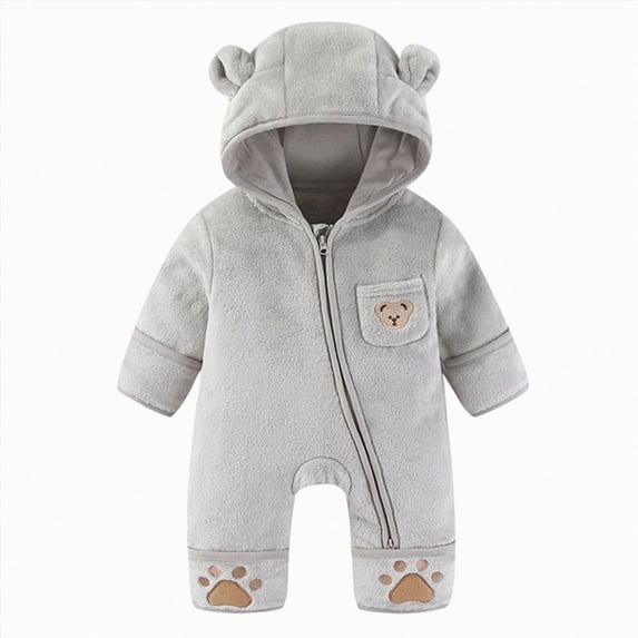 Newborn Baby Bodysuit for 3-6 Months Baby Romper Clothes Outfit Fleece Romper Hooded Jumpsuit Winter Girls Boys Grey