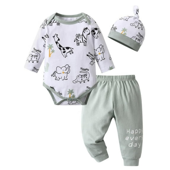 Newborn Baby Boy Clothes Animal Style Long Sleeve Romper + Pants + Hat 3PCS Outfits Set Green