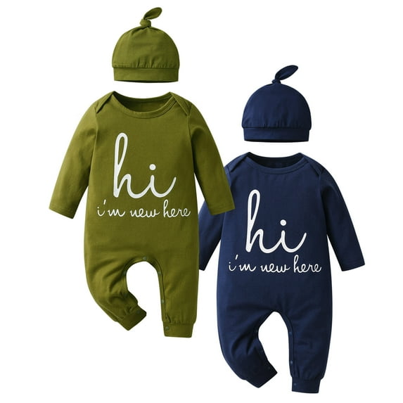 Newborn Baby Boy 2 Pack Alphabet Print Outfits One Piece Romper Jumpsuit Clothes Sets Dark Blue & Green 0-3Months