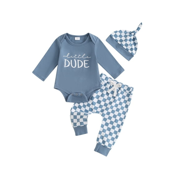 Newborn Baby Boy 3PCS Outfits Daddy's Little Dude Long Sleeve Romper Checkerboard Pants Hat Sets Infant Cute Fall Clothes