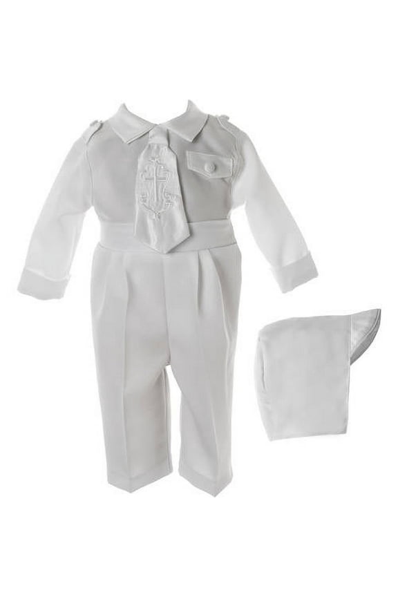 Newborn Baby Boy 3pc Christening Long Pant Set with 'Cross' Embroidered Necktie, Epaulets & Hat