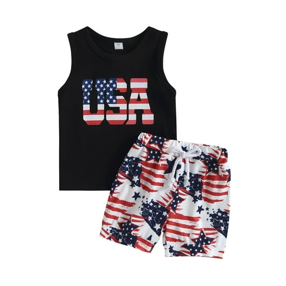 Newborn Baby Boy 4th of July Outfit Sleeveless USA Tank Tops T-Shirt 6M 12M 18M 24M 3Y American Flag Shorts 2Pcs Summer Clothes