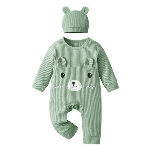 Newborn Baby Boy Bear Style Long Sleeve Romper and Hat Outfit Set Green 0-3 Months