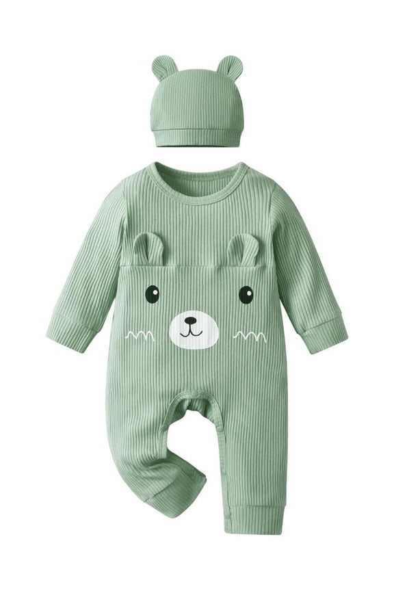 Newborn Baby Boy Bear Style Long Sleeve Romper and Hat Outfit Set Green