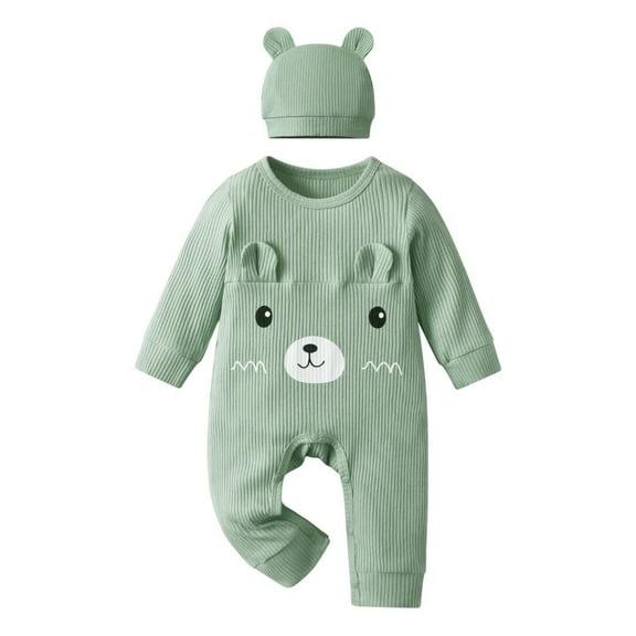 Newborn Baby Boy Bear Style Long Sleeve Romper and Hat Outfit Set Green