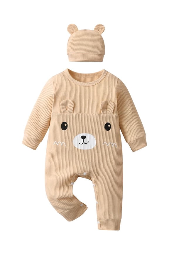 Newborn Baby Boy Bear Style Long Sleeve Romper and Hat Outfit Set Khaki