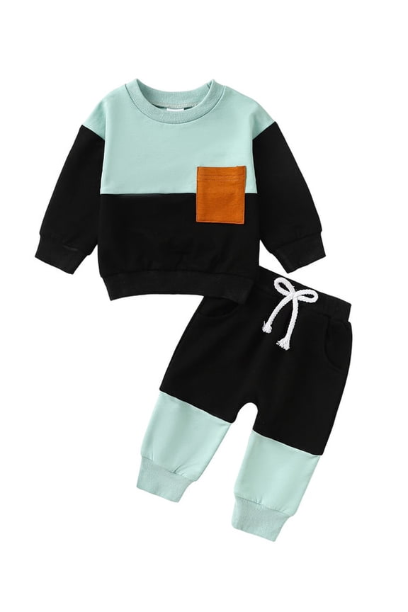 Newborn Baby Boy Black Green Patchwork Long Sleeved Top with Front Pocket + Pants Set 2PCs Fall Winter Infant Outfits