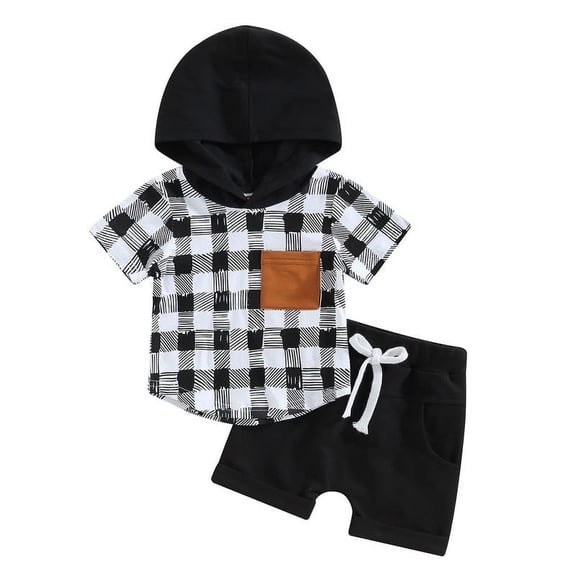 Newborn Baby Boy Black and White Plaid Short Sleeve Hoodie Sweater with Brown Pocket and Shorts Set 2PCs Infant Outfits