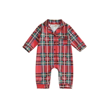 Newborn Baby Boy Christmas Jumpsuit Long Sleeve Plaid Print Lapel Button Up Romper Clothes