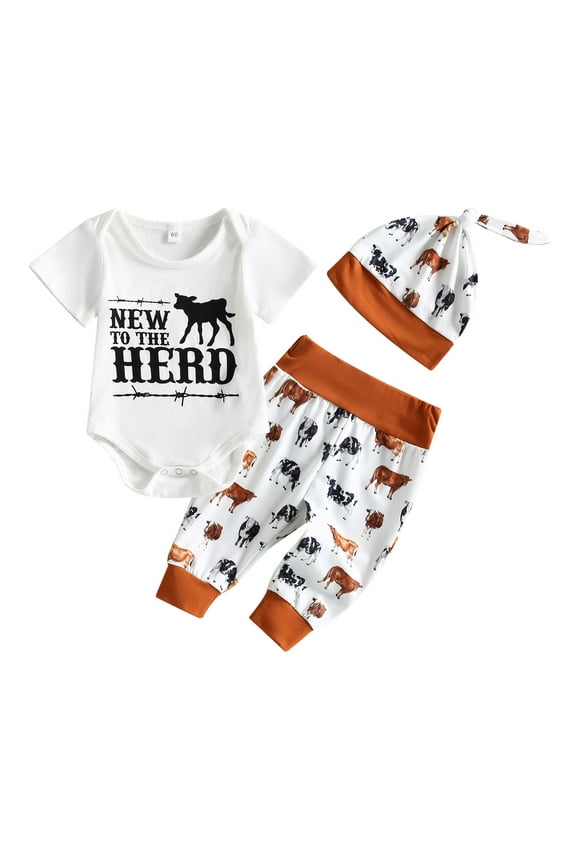 Newborn Baby Boy Clothes 3M 6M 12M 18M New to The Herd Romper Cow Print Pants Hat 3Pcs Set Western Coming Home Outfit