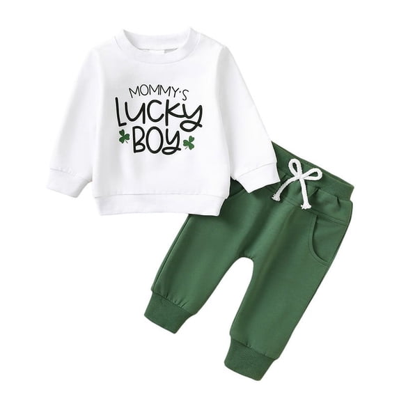 Newborn Baby Boy Clothes Alphabet Printed Clover Pattern Long Sleeved Top and Green Pants Set 2PCs Infant Outfits St. Patrick's Day