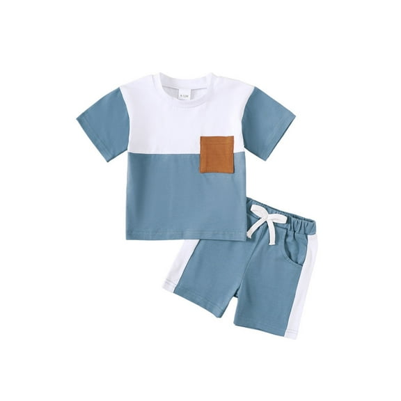 Newborn Baby Boy Clothes Blue and White Patchwork Short-Sleeved Shirt with Brown Pocket and Shorts Set 2PCs Infant Summer Outfits