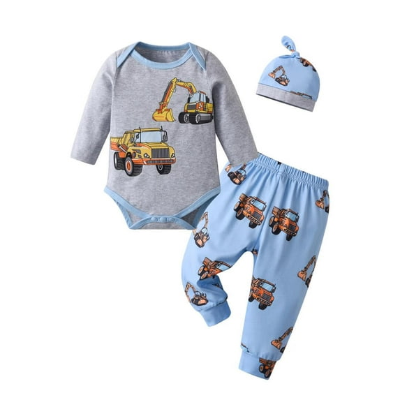 Newborn Baby Boy Clothes Cartoon Car Style Long Sleeve Romper + Pants + Hat 3PCS Outfits Set Blue
