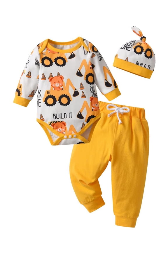 Newborn Baby Boy Clothes Cartoon Pattern Long Sleeve Romper + Pants + Hat 3PCS Outfits Set Yellow 0-3 Months