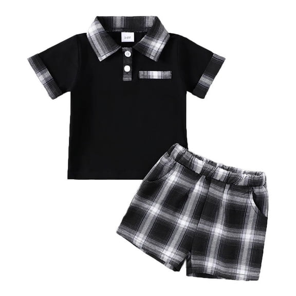 Newborn Baby Boy Clothes Collar Short Sleeved Shirt + Black and White Checkered Pattern Shorts Set 2PCs Infant Spring Summer Outfits