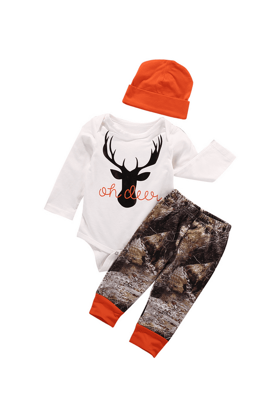 Newborn Baby Boy Clothes Deer Romper+Camouflage Pants+Hat Outfits Infant Long Sleeve Bodysuit