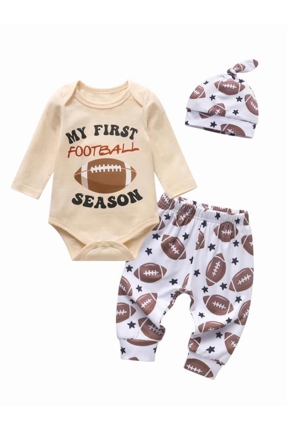 Newborn Baby Boy Clothes Letter Long Sleeve Romper Football Pattern Pants with Hat Outfits Set 9-12 Months
