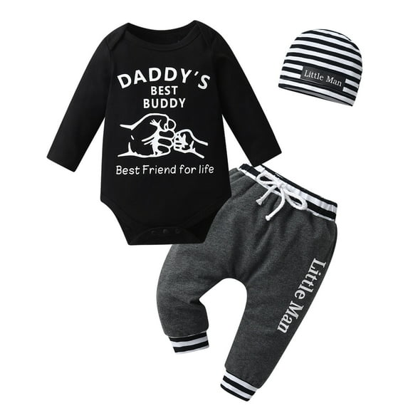 Newborn Baby Boy Clothes Letter Long Sleeve Romper + Pants + Hat 3PCS Outfits Set Black