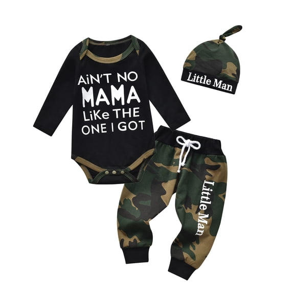 Newborn Baby Boy Clothes Letter Print Long Sleeve Romper + Pants + Hat 3PCS Outfits Set