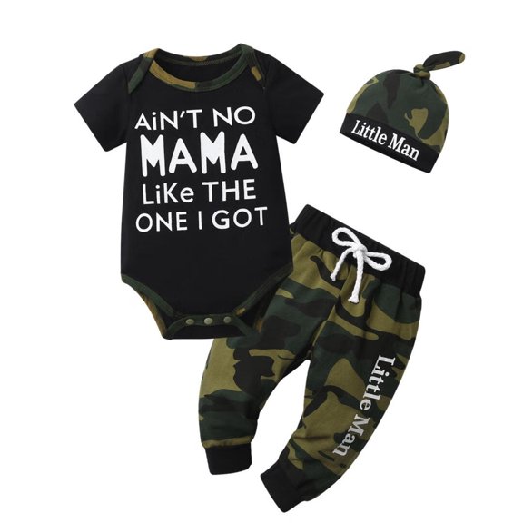 Newborn Baby Boy Clothes Letter Long Sleeve Romper + Pants + Hat 3PCS Outfits Set Green 0-3 Months