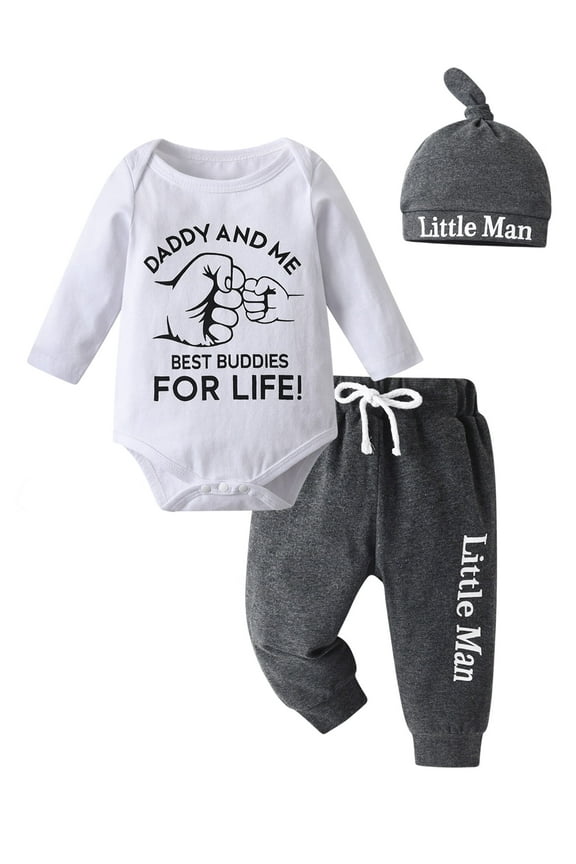 Newborn Baby Boy Clothes Letter Long Sleeve Romper + Pants + Hat 3PCS Outfits Set White & Black 0-3 Months