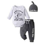 Newborn Baby Boy Clothes Letter Long Sleeve Romper + Pants + Hat 3PCS Outfits Set White & Black 6-9 Months