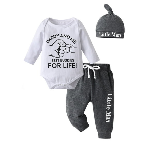 Newborn Baby Boy Clothes Letter Long Sleeve Romper + Pants + Hat 3PCS Outfits Set White & Black 9-12 Months