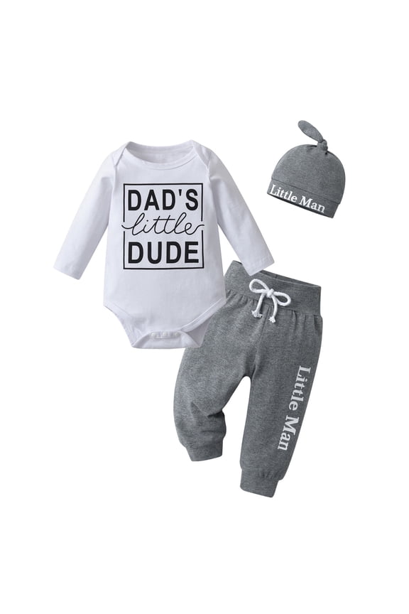 Newborn Baby Boy Clothes Letter Long Sleeve Romper + Pants + Hat 3PCS Outfits Set White & Grey 0-3 Months