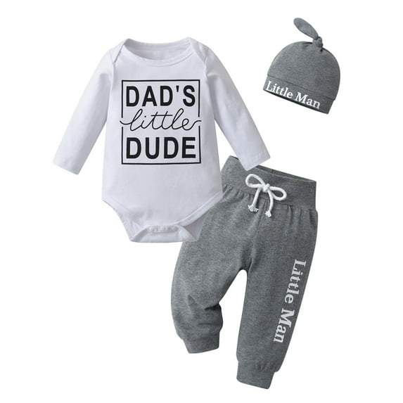 Newborn Baby Boy Clothes Letter Long Sleeve Romper + Pants + Hat 3PCS Outfits Set White & Grey 3-6 Months