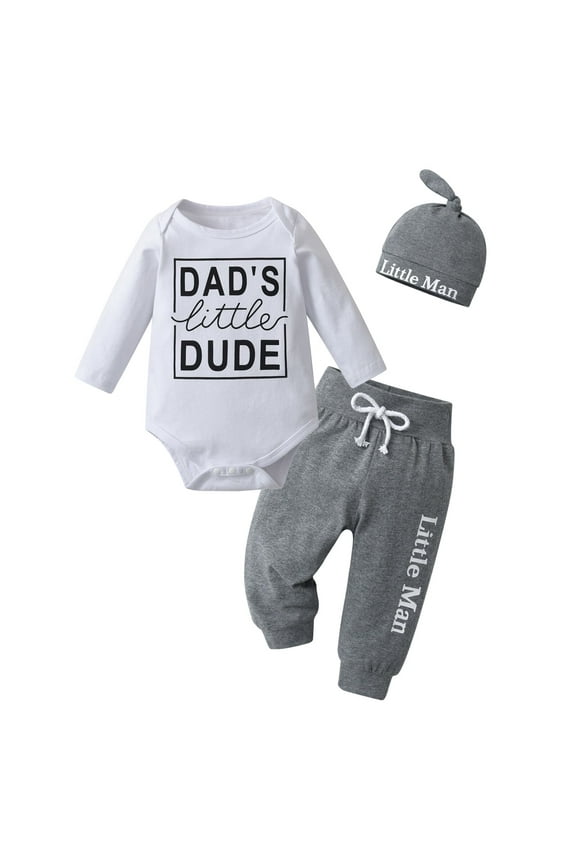 Newborn Baby Boy Clothes Letter Long Sleeve Romper + Pants + Hat 3PCS Outfits Set White & Grey 3-6 Months