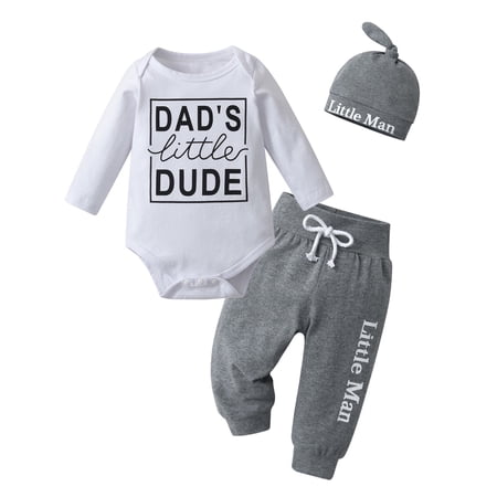 Newborn Baby Boy Clothes Letter Long Sleeve Romper + Pants + Hat 3PCS Outfits Set White & Grey 9-12 Months