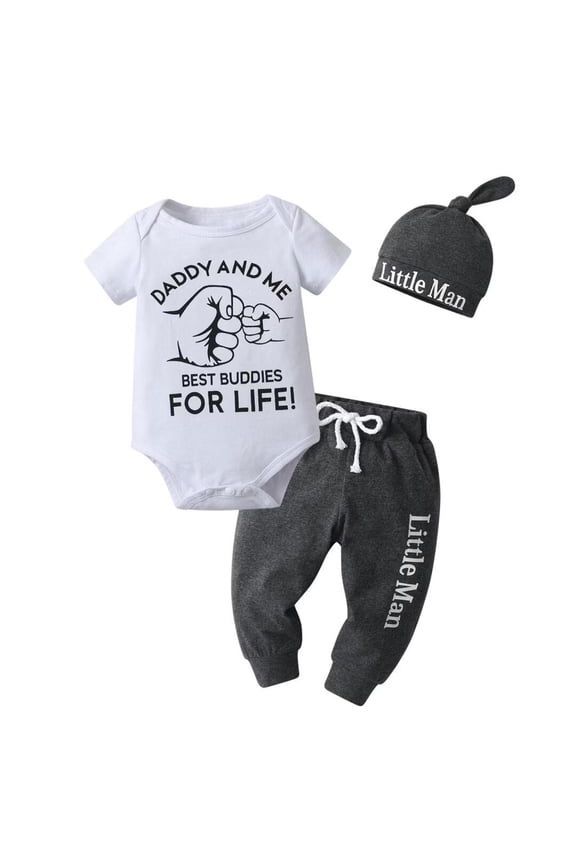 Newborn Baby Boy Clothes Letter Long Sleeve Romper + Pants + Hat 3PCS Outfits Set（White,Newborn)