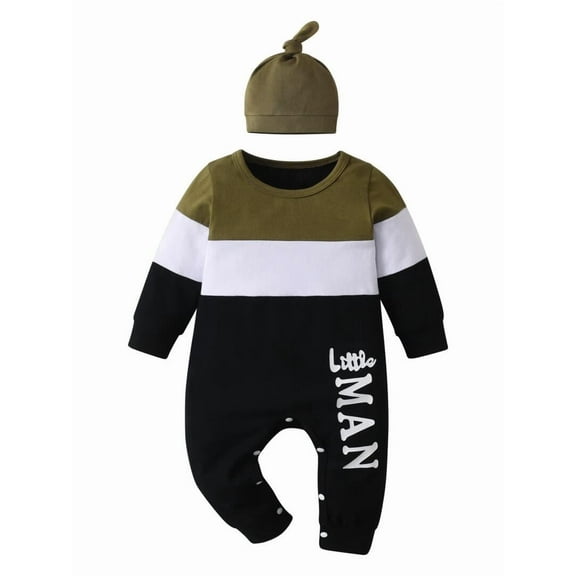 Newborn Baby Boy Clothes Letter Style Long Sleeve Romper and Hat Outfit Set 3-6 Months