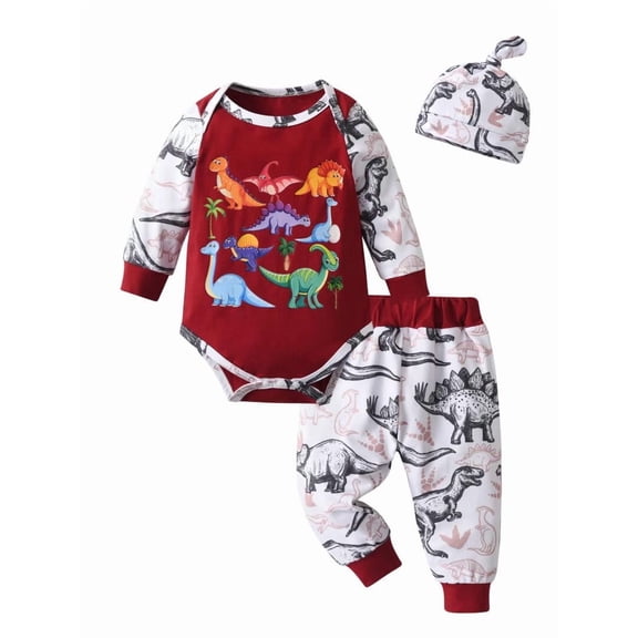 Newborn Baby Boy Clothes Long Sleeve Animal Style Romper Dinosaur Long Pants with Hat Outfits Set Red 3-6 Months