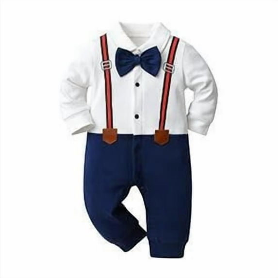 Newborn Baby Boy Clothes Long Sleeve Faux-two Romper Bow Tie Jumpsuit Blue 0-3 Months