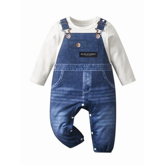 Newborn Baby Boy Clothes Long Sleeve Faux-two Romper Cowboy Jumpsuit Blue 9-12 Months