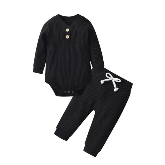 Newborn Baby Boy Clothes Long Sleeve Romper Solid Pants Outfits Set Black 9-12 Months