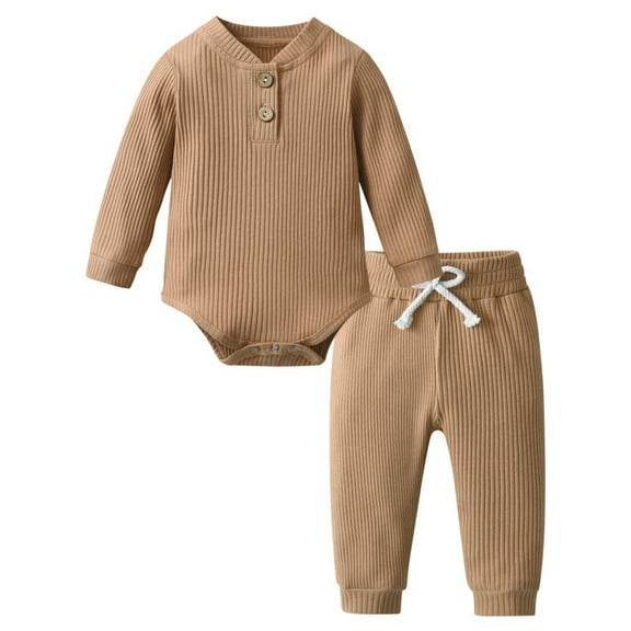 Newborn Baby Boy Clothes Long Sleeve Romper Solid Pants Outfits Set Khaki 3-6 Months