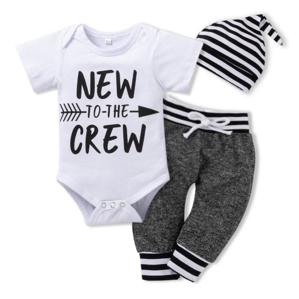 Newborn Baby Boy Clothes New to The Crew Letter Print Romper+ Pants+Hat