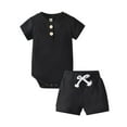 thumbnail image 1 of Newborn Baby Boy Clothes Ribbed Knitted Cotton Short Sleeve Romper +Pants Solid Color Summer Outfits Black 0-3 Months, 1 of 6