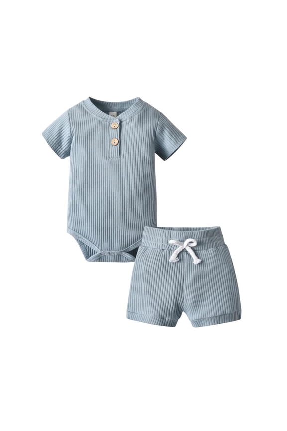 Newborn Baby Boy Clothes Ribbed Knitted Cotton Short Sleeve Romper +Pants Solid Color Summer Outfits Blue 3-6 Months