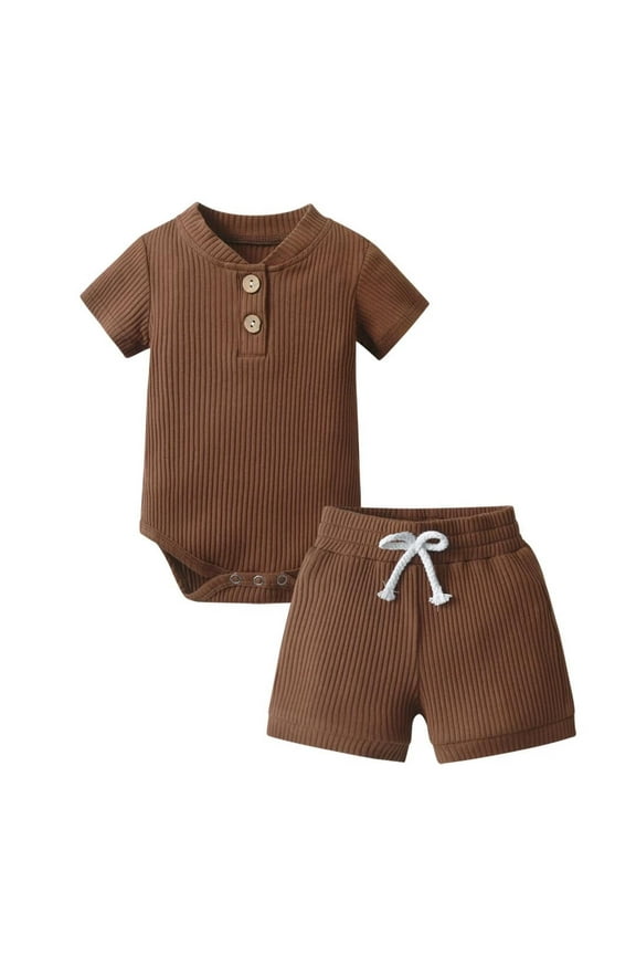 Newborn Baby Boy Clothes Ribbed Knitted Cotton Short Sleeve Romper +Pants Solid Color Summer Outfits Brown 3-6 Months