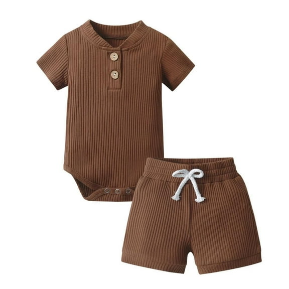 Newborn Baby Boy Clothes Ribbed Knitted Cotton Short Sleeve Romper  Pants Solid Color Summer Outfits Brown 6-9 Months