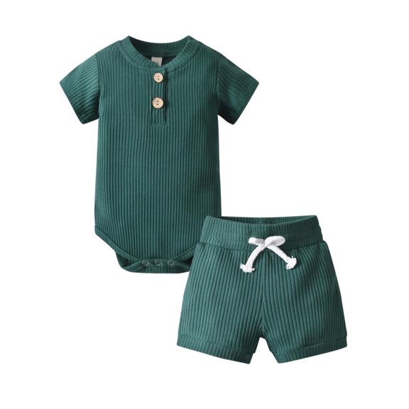 Newborn Baby Boy Clothes Ribbed Knitted Cotton Short Sleeve Romper +Pants Solid Color Summer Outfits Dark Green 6-9 Months